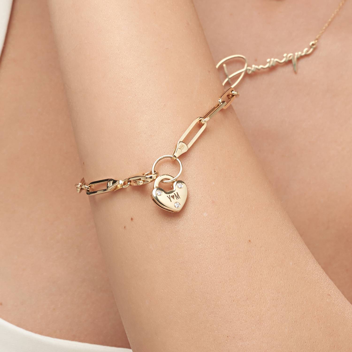 Heart Charm Lock Bracelet With Diamonds - 14k Solid Gold-4 product photo