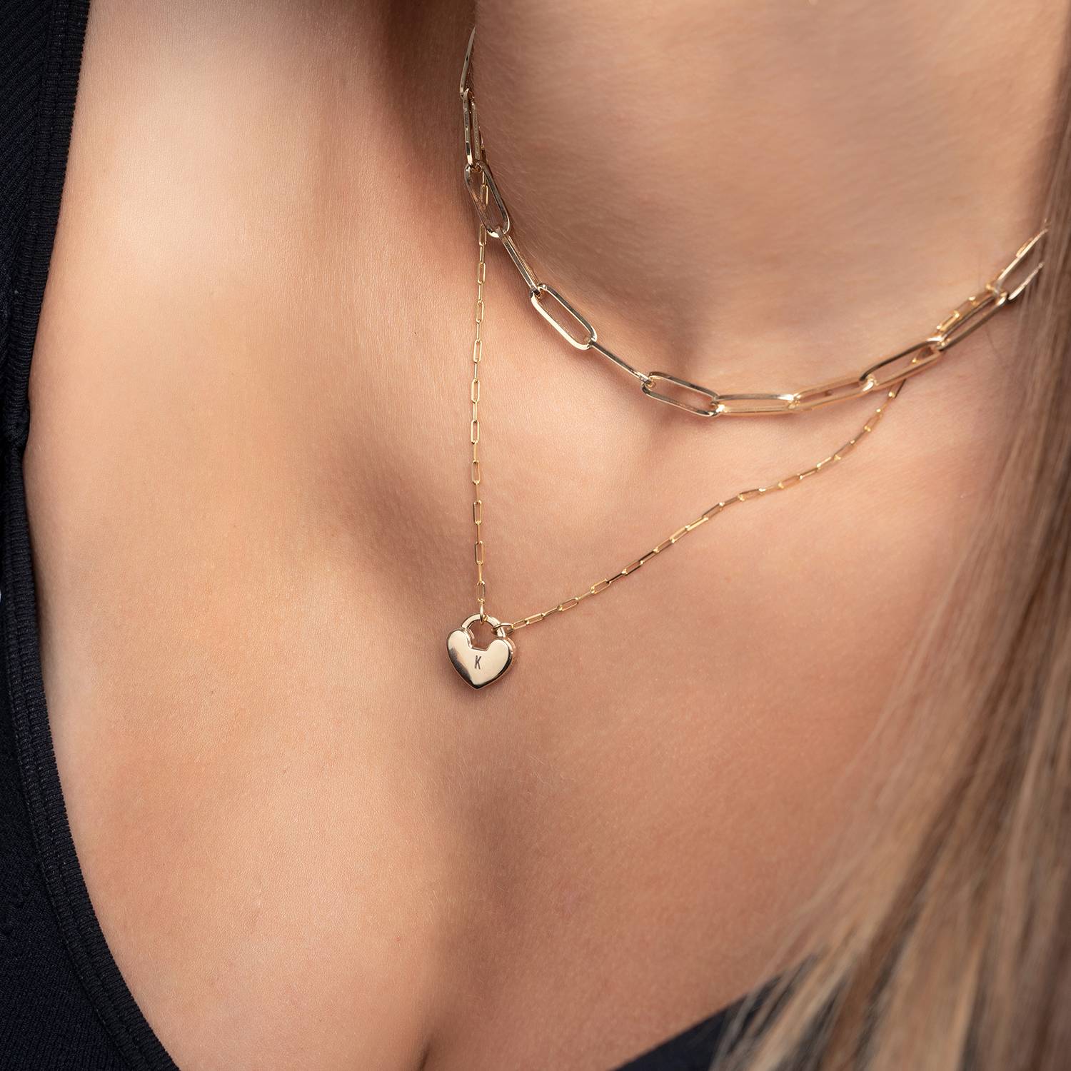 Heart Charm Lock Necklace - 14k Solid Gold-4 product photo