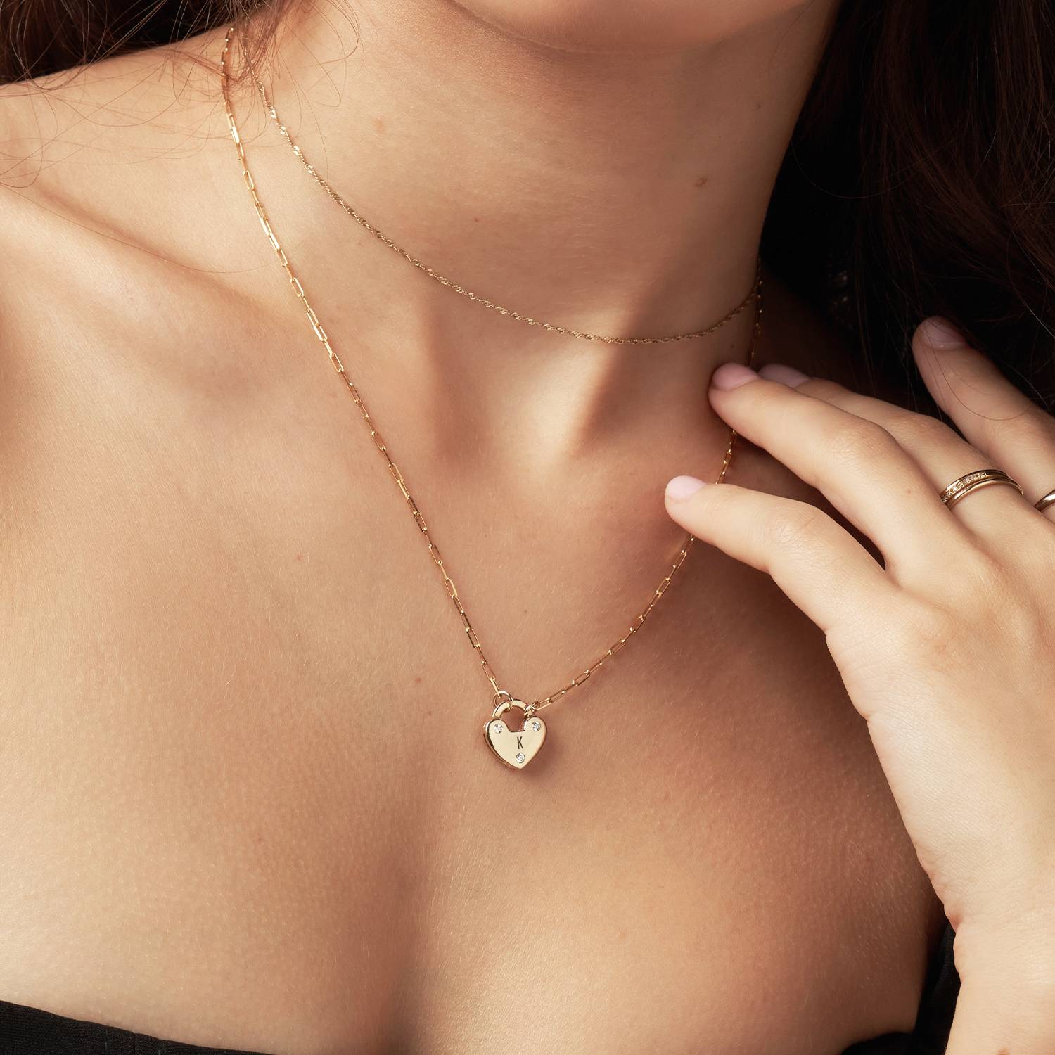 Heart Charm Lock Necklace with Diamonds - 14k Solid Gold-3 product photo