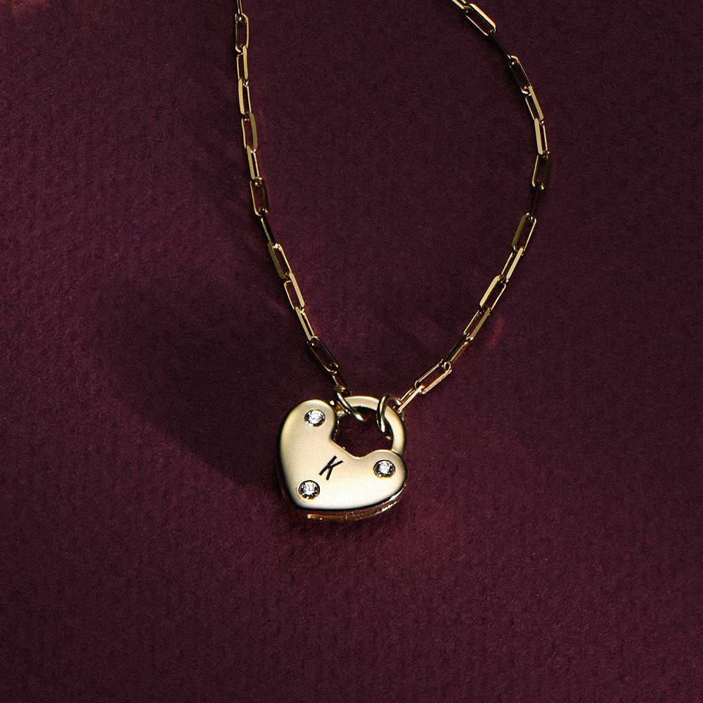 14K Solid Gold Heart Charm Lock Necklace with Diamonds