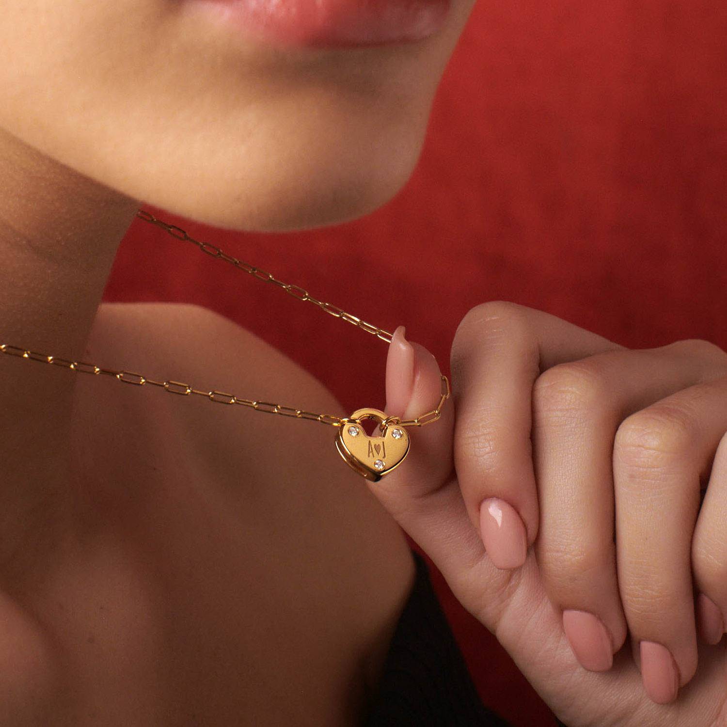 Heart Charm Lock Necklace With Diamonds - Gold Vermeil-6 product photo