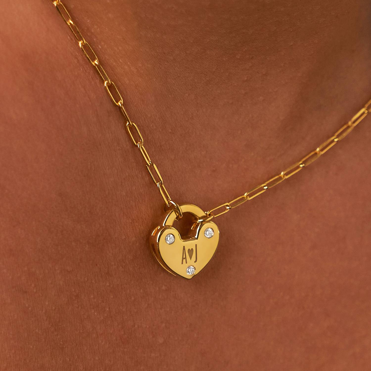 Heart Charm Lock Necklace With Diamonds - Gold Vermeil-3 product photo