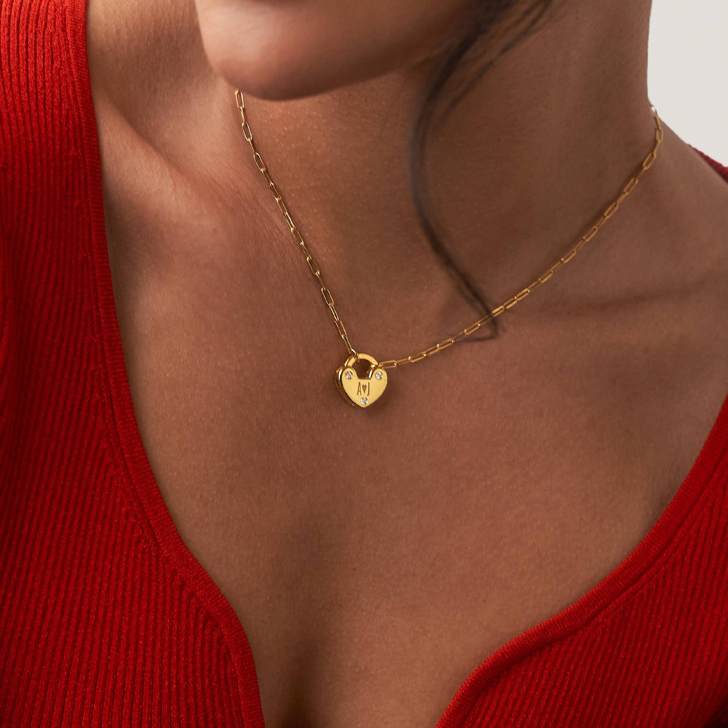 Heart Charm Lock Necklace With Diamonds - Gold Vermeil-5 product photo