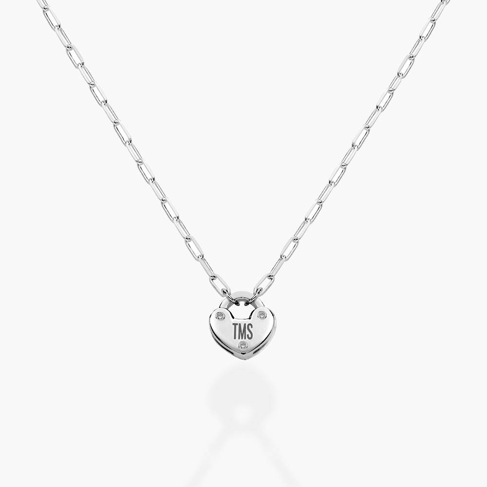 Heart Charm Lock Necklace With Diamonds - Silver