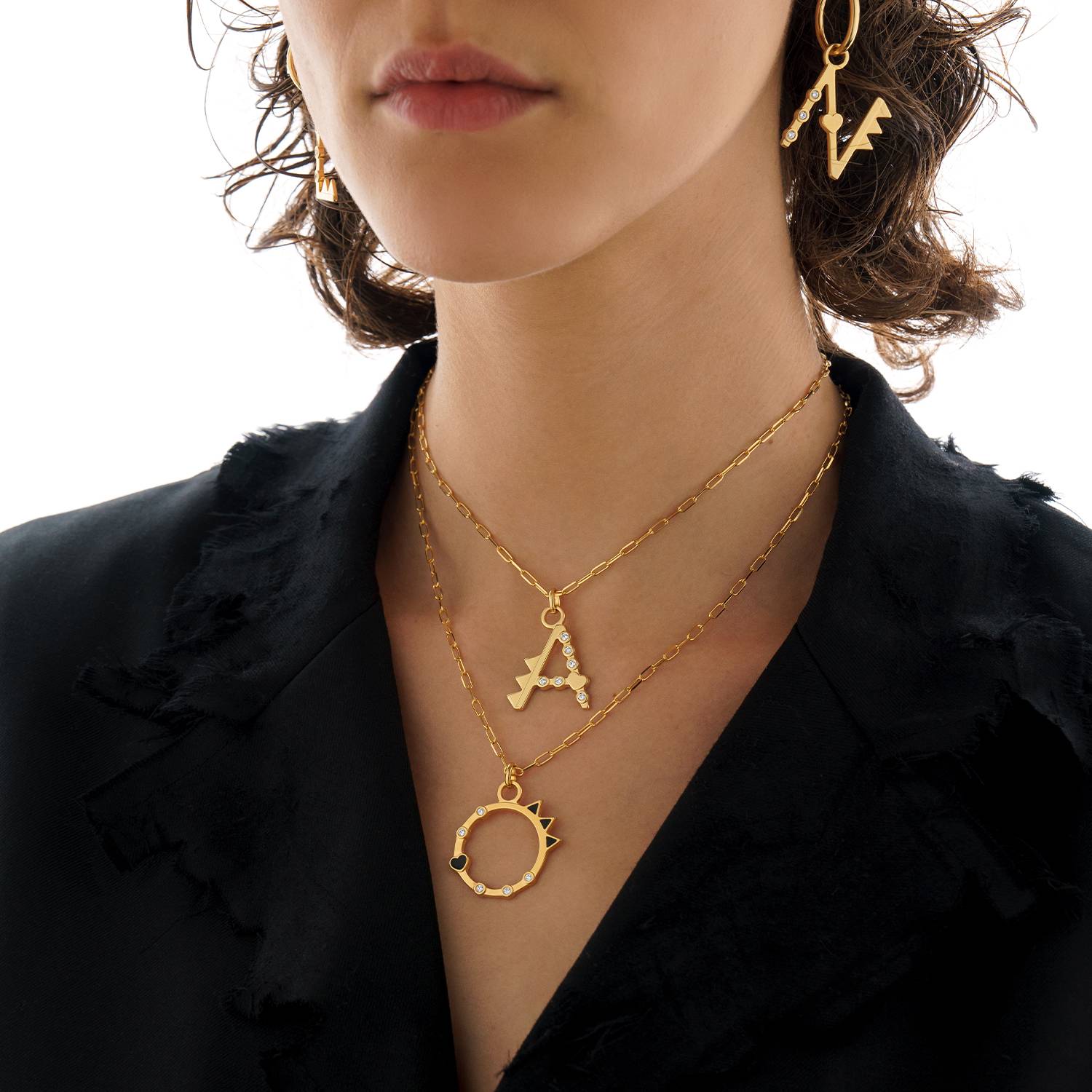 Heart On Lock Black Enamel Initial with Diamonds - Gold Vermeil-3 product photo