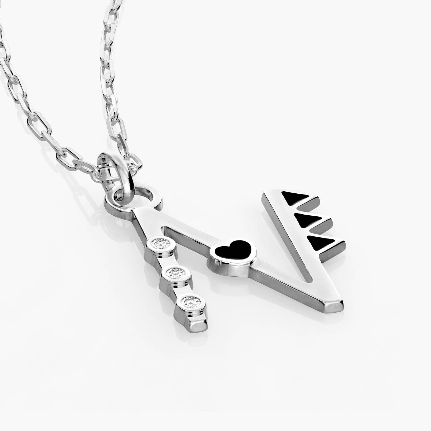 Heart On Lock Black Enamel Initial with Diamonds - Silver product photo