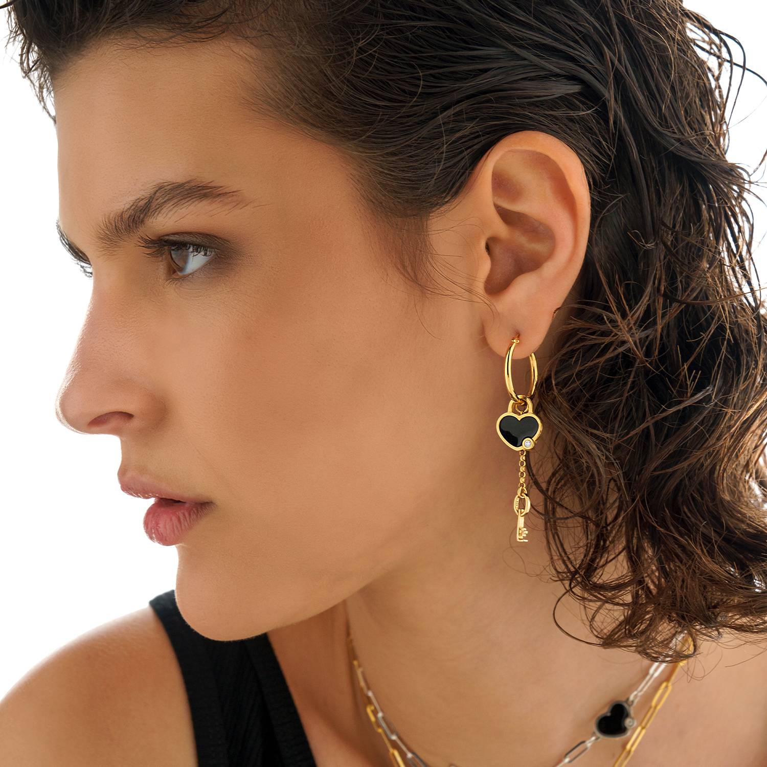 Heart On Lock Hoop Earrings with Diamond - Gold Vermeil-4 product photo