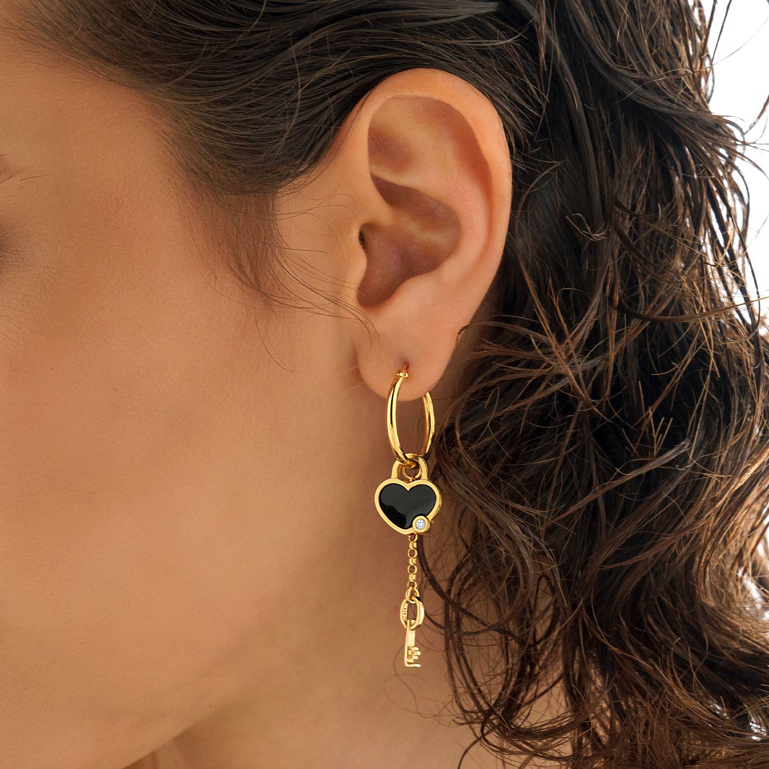 Heart On Lock Hoop Earrings with Diamond - Gold Vermeil-5 product photo