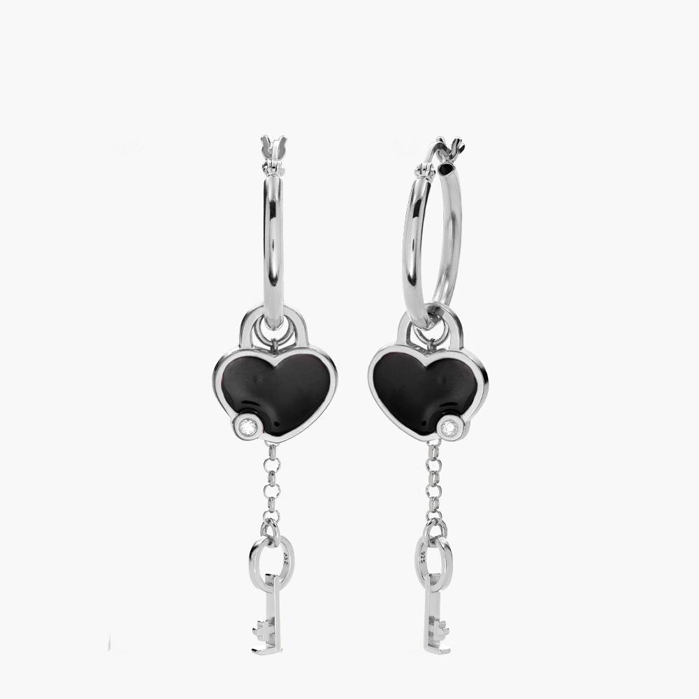 Heart On Lock Hoop Earrings with Diamond - Silver-4 product photo