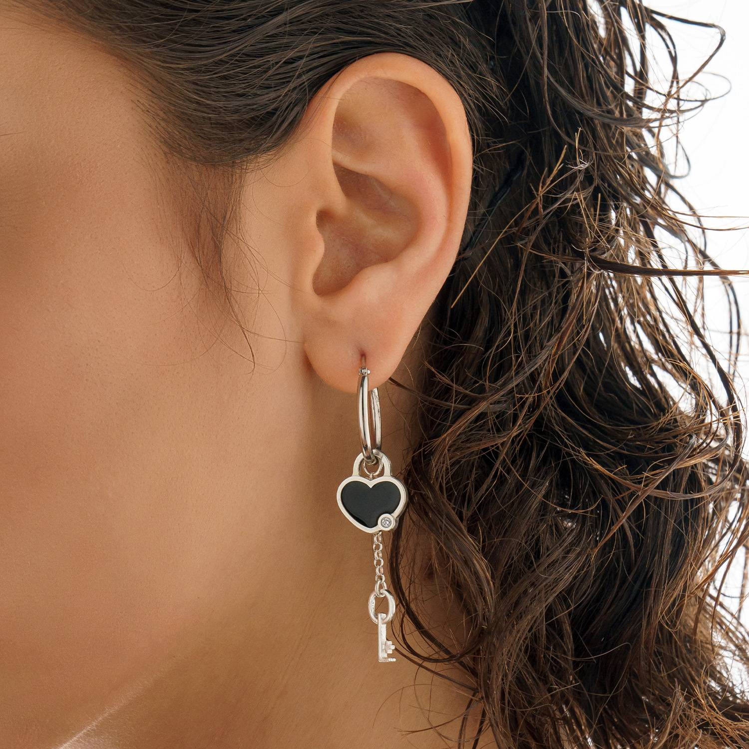 Heart On Lock Hoop Earrings with Diamond - Silver-5 product photo