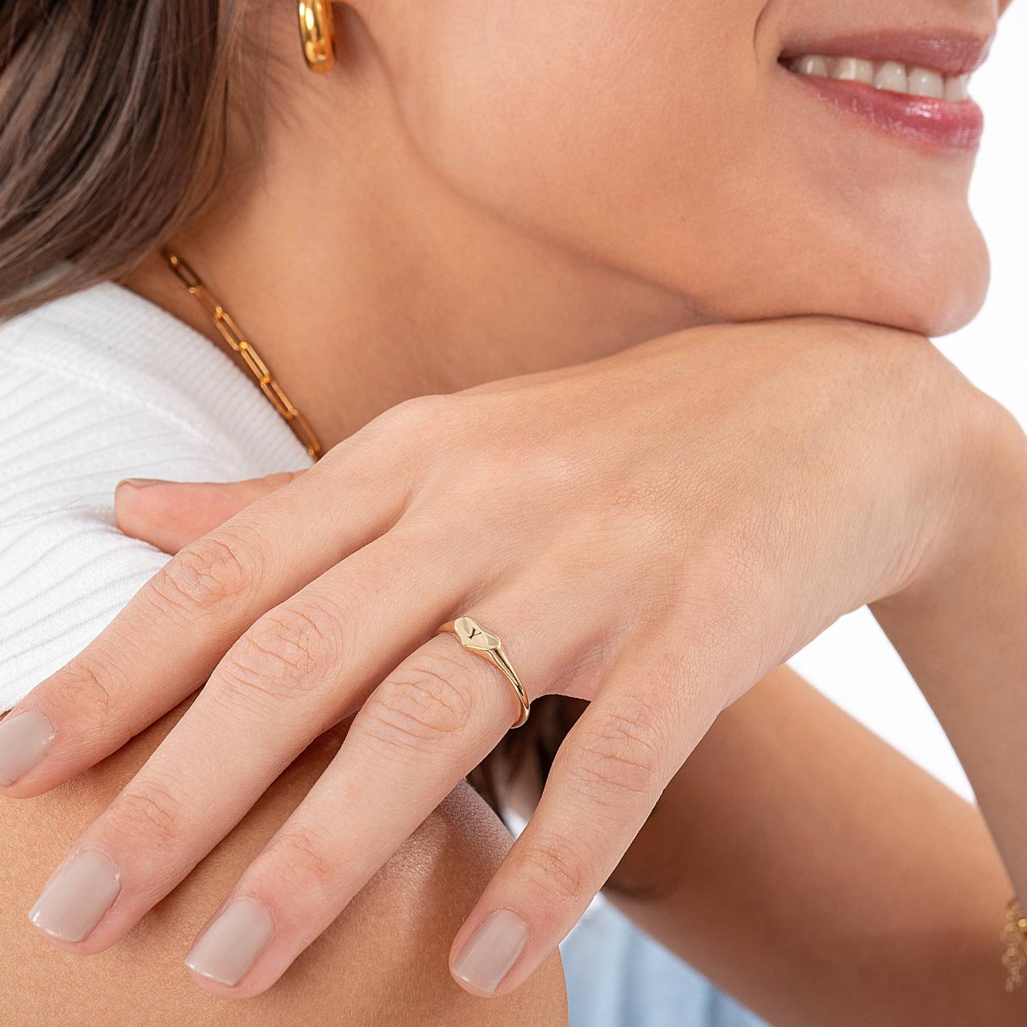 Heart Signet Ring with Initial- 14k Solid Gold-3 product photo