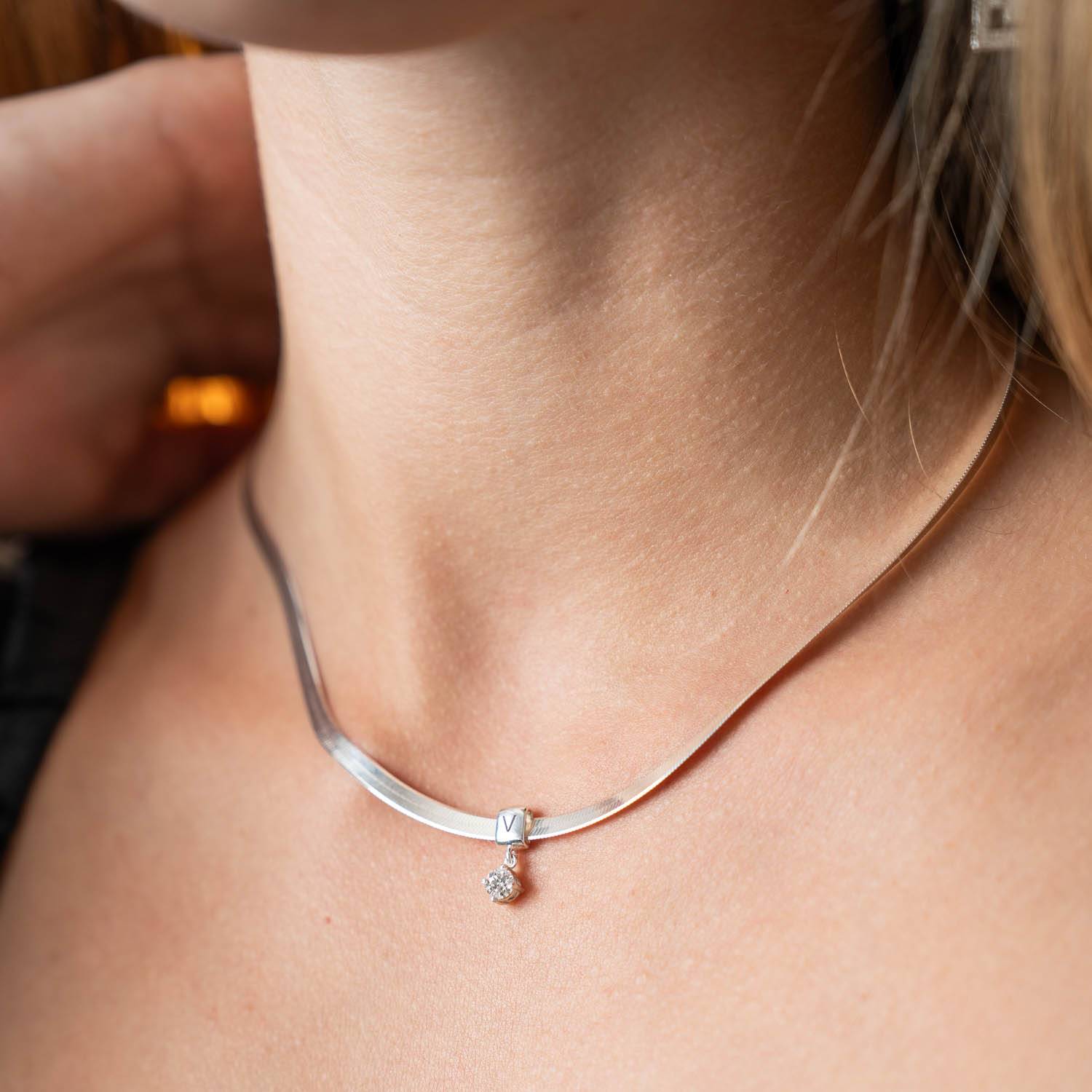 Herringbone Engraved Slim Chain Necklace with 0.3ct Diamonds- Silver-5 product photo