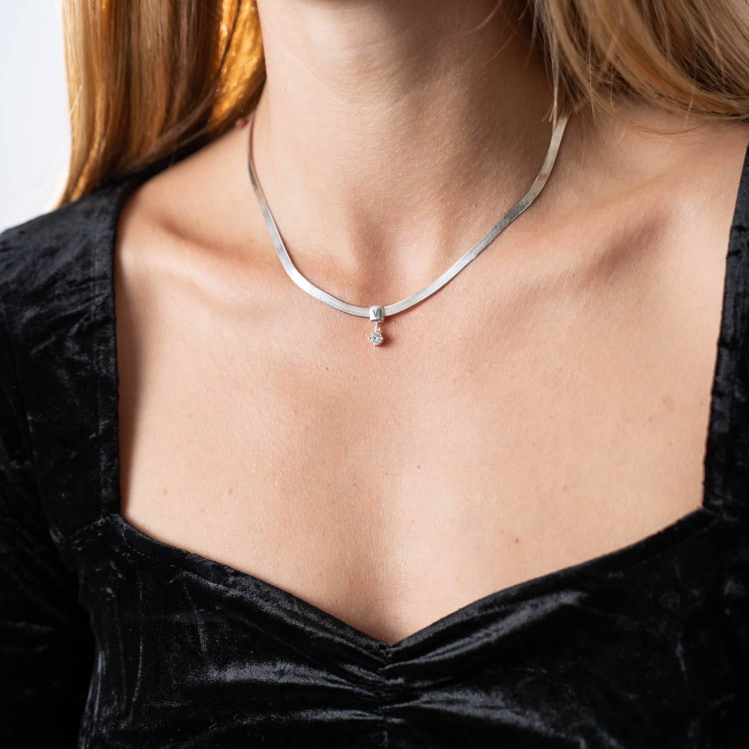Herringbone Engraved Slim Chain Necklace with 0.3ct Diamonds- Silver-2 product photo