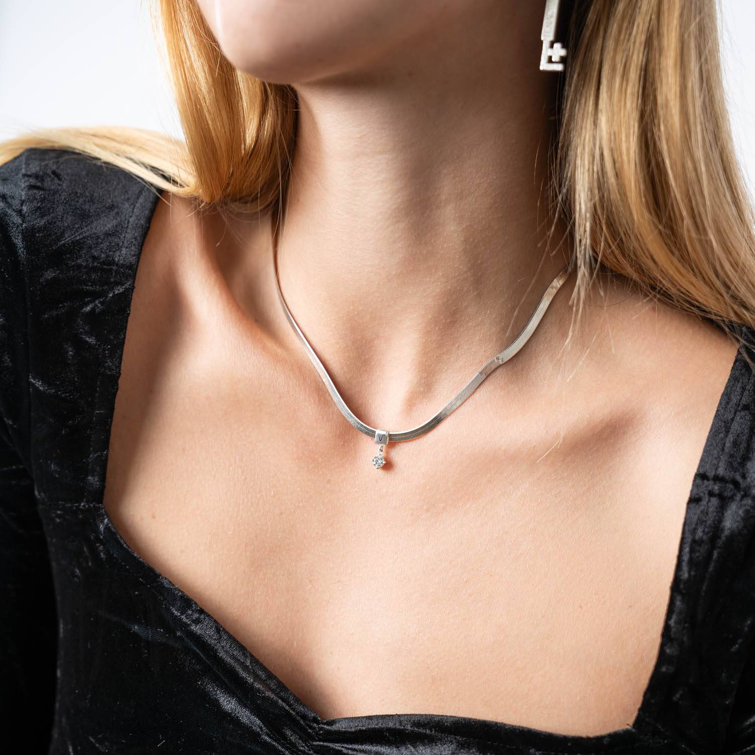 Herringbone Engraved Slim Chain Necklace with 0.3ct Diamonds- Silver-3 product photo