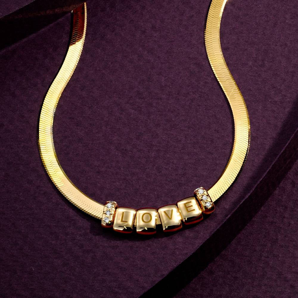 Herringbone Engraved Slim Chain Necklace with Diamonds- Gold Vermeil-2 product photo
