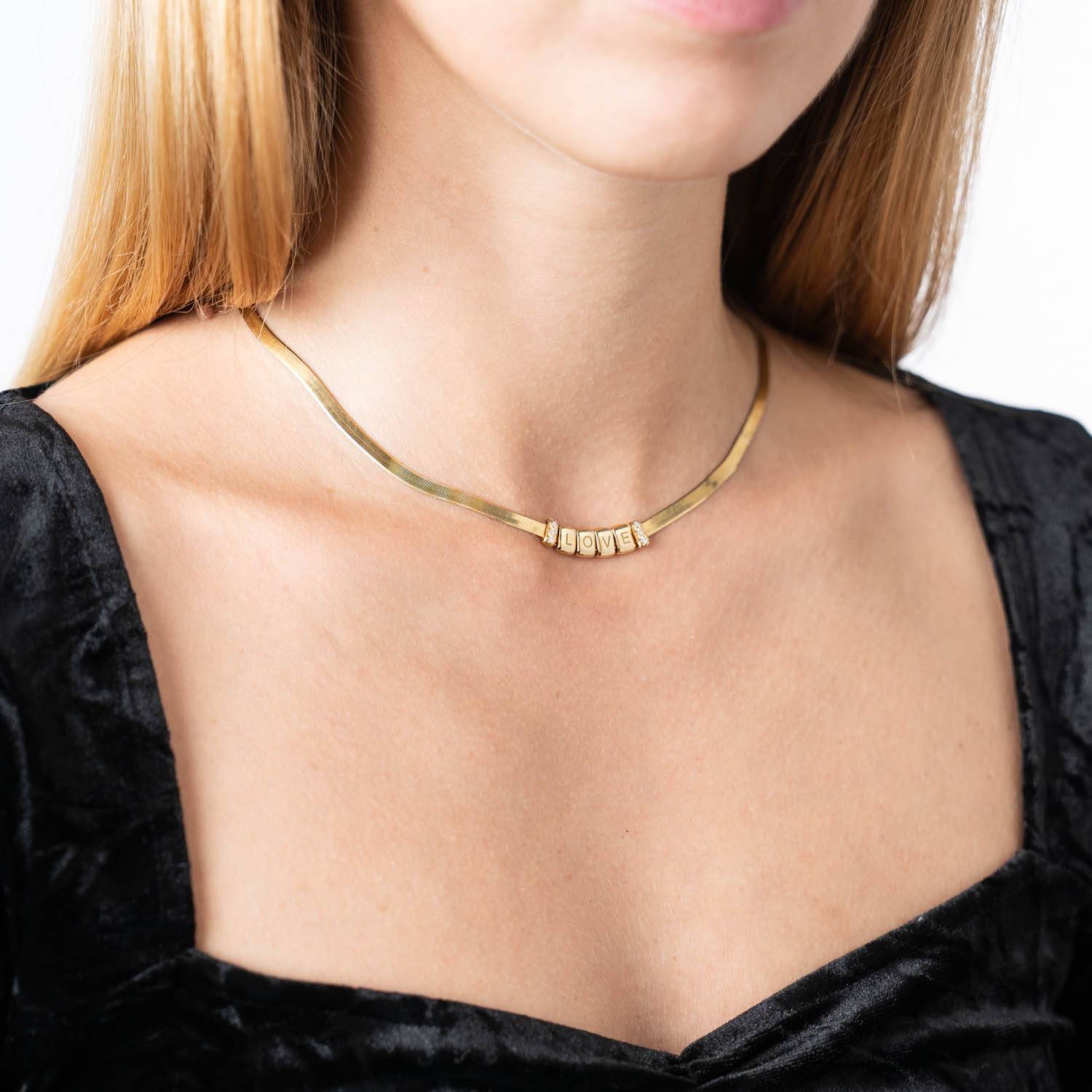 Herringbone Engraved Slim Chain Necklace with Diamonds- Gold Vermeil-4 product photo