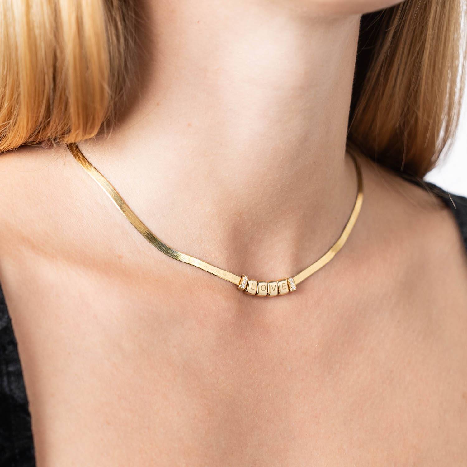 Herringbone Engraved Slim Chain Necklace with Diamonds- Gold Vermeil-5 product photo