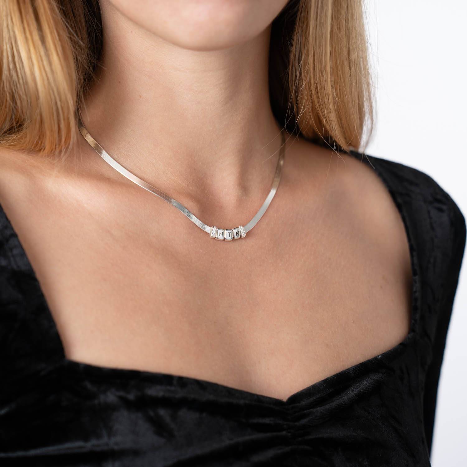 Herringbone Engraved Slim Chain Necklace with Diamonds- Silver-3 product photo