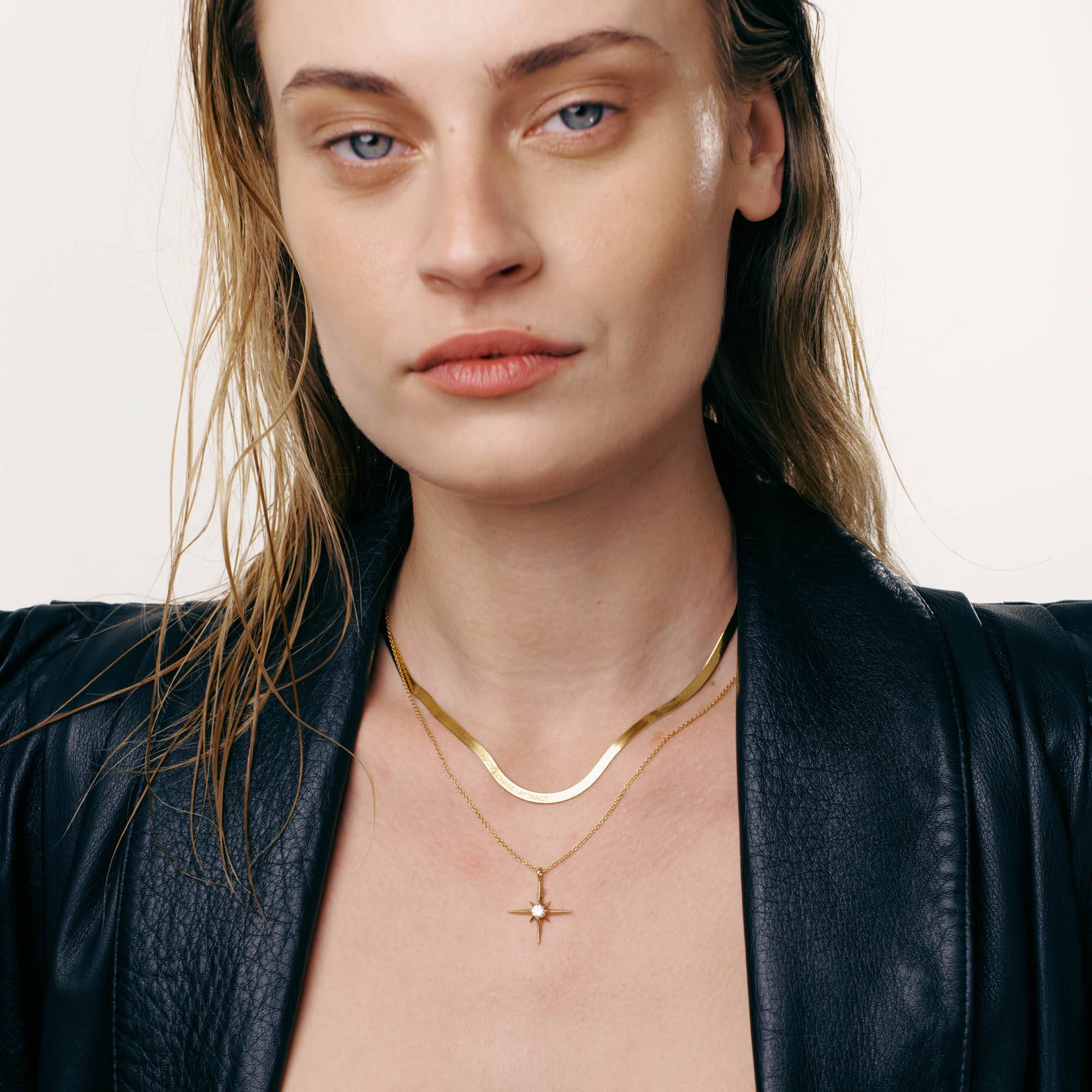 Herringbone Engraved Slim Chain Necklace - Gold Plated-7 product photo