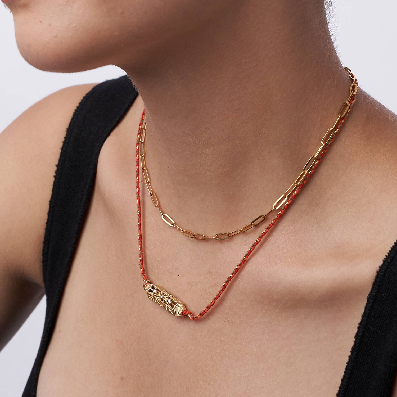 Horizontal Diamonds Talisman Necklace with Orange Cord - Gold Vermeil-5 product photo