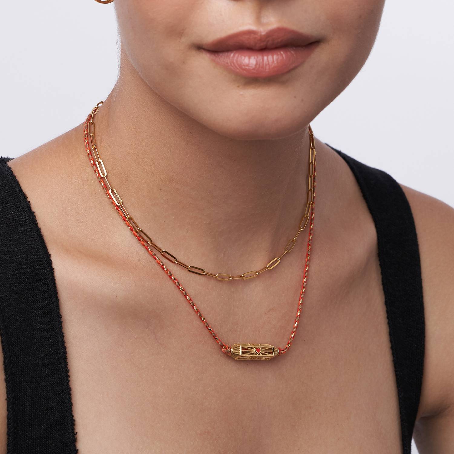 Horizontal Diamonds Talisman Necklace with Orange Cord - Gold Vermeil-1 product photo
