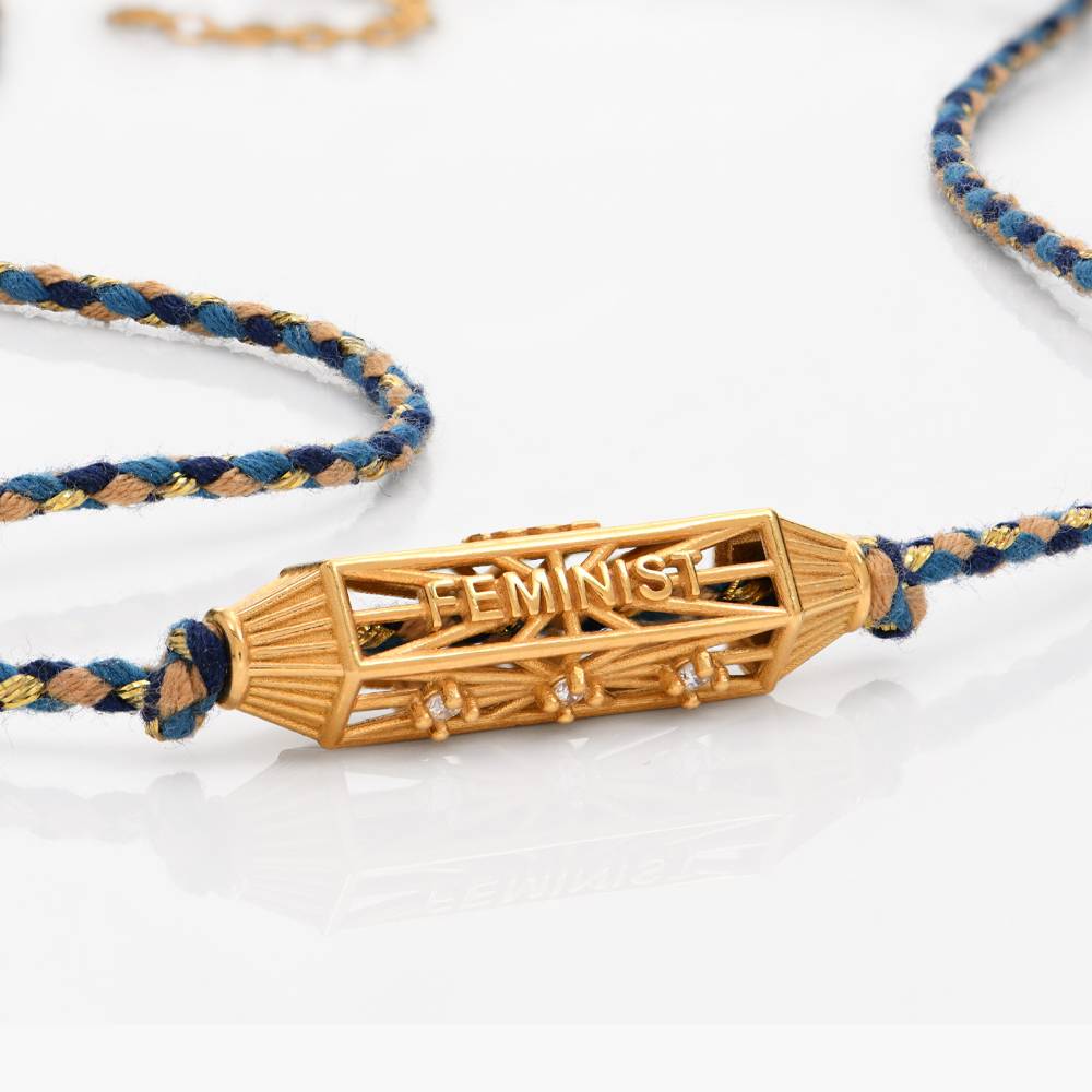 Horizontal Talisman Cubic Zirconia Necklace with Blue Cord - Gold Vermeil-2 product photo