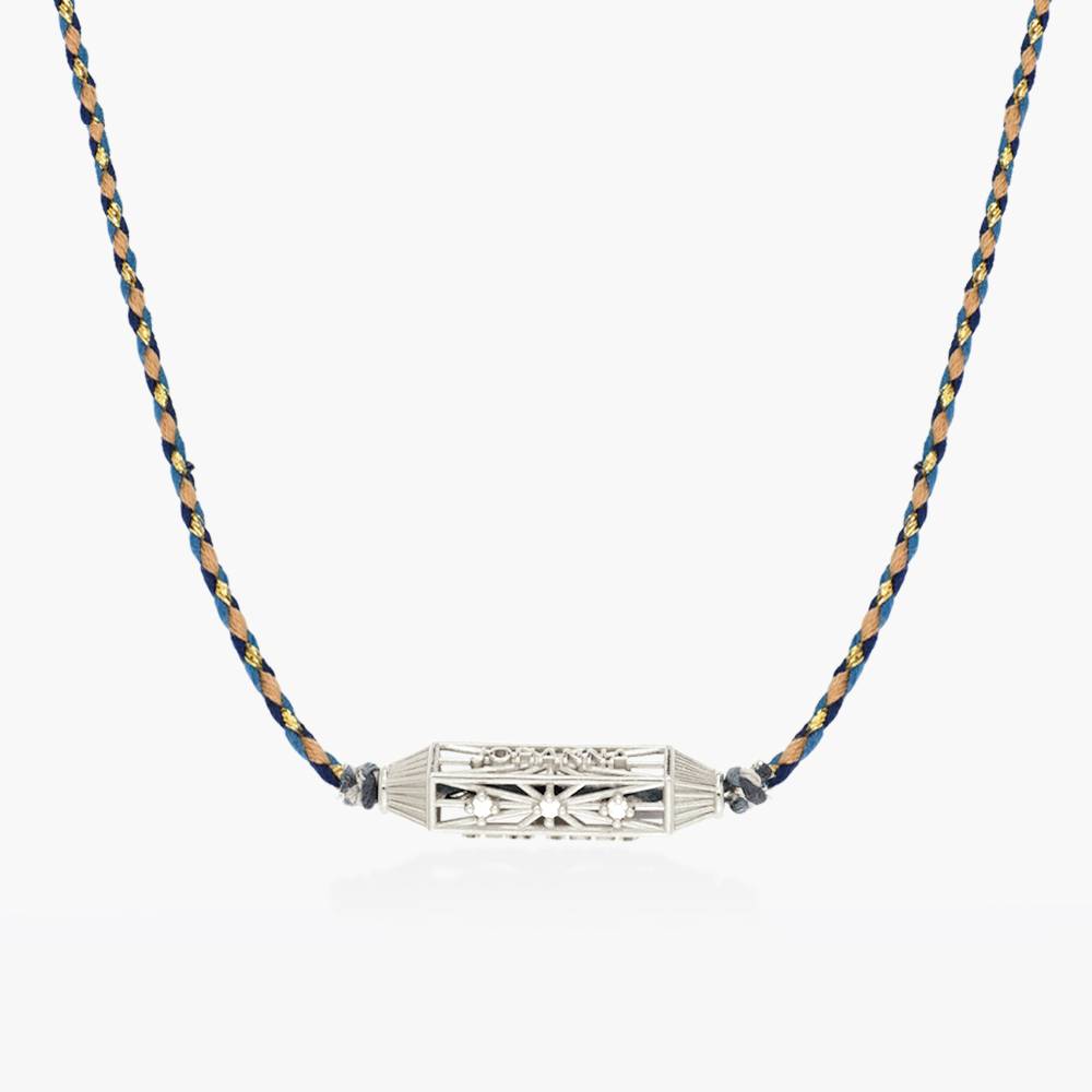 Horizontal Talisman Cubic Zirconia Necklace with Blue Cord- Silver-1 product photo