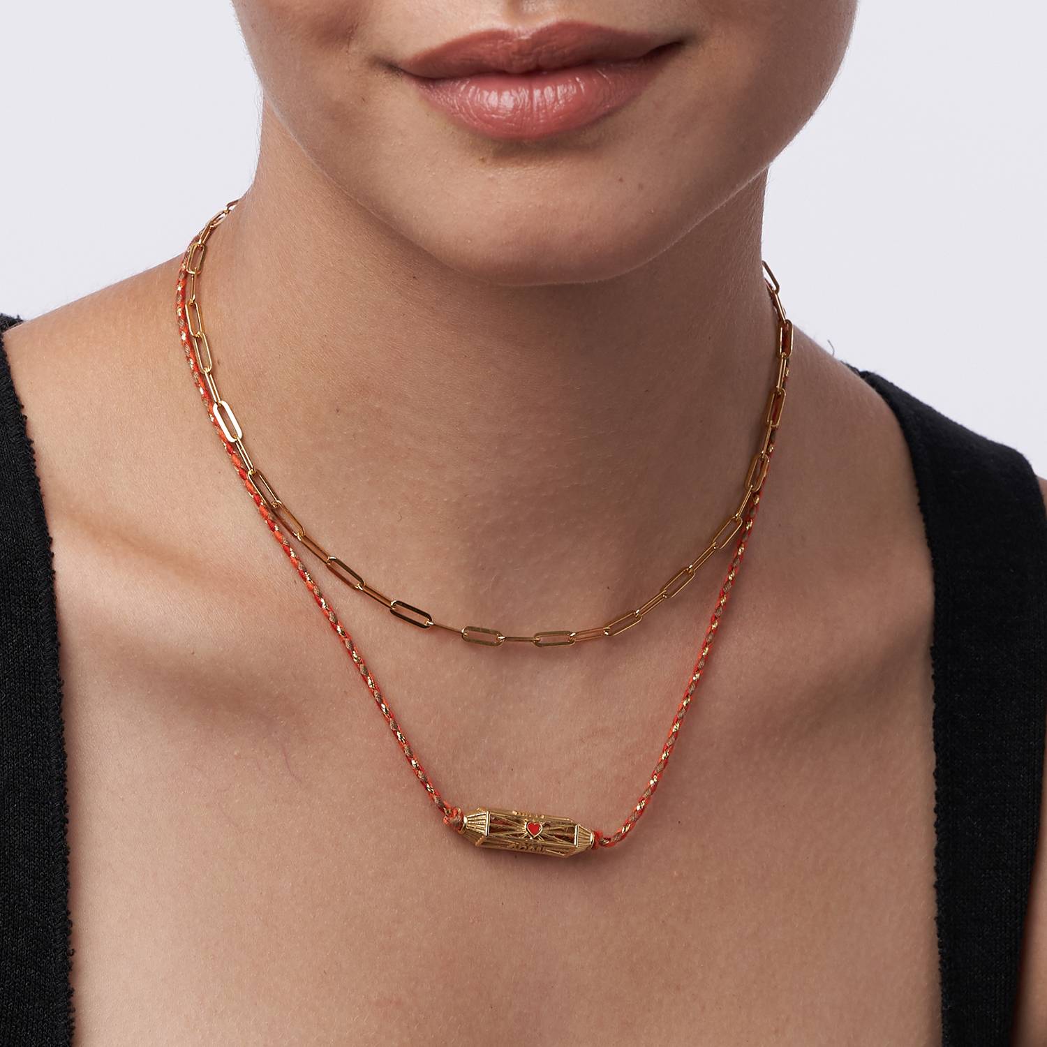 Horizontal Talisman Cubic Zirconia Necklace with Orange Cord - Gold Vermeil-1 product photo