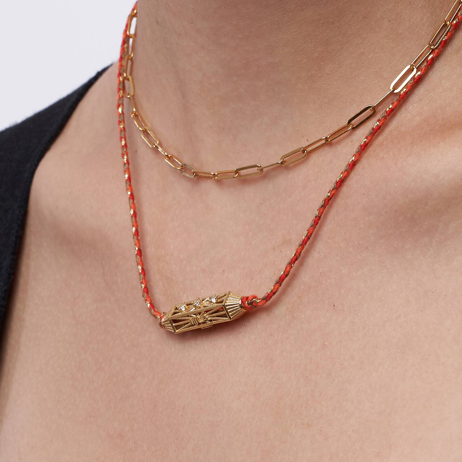 Horizontal Talisman Cubic Zirconia Necklace with Orange Cord - Gold Vermeil-3 product photo