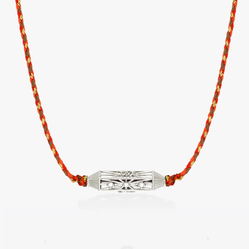 Horizontal Talisman Cubic Zirconia Necklace with Orange Cord - Silver product photo