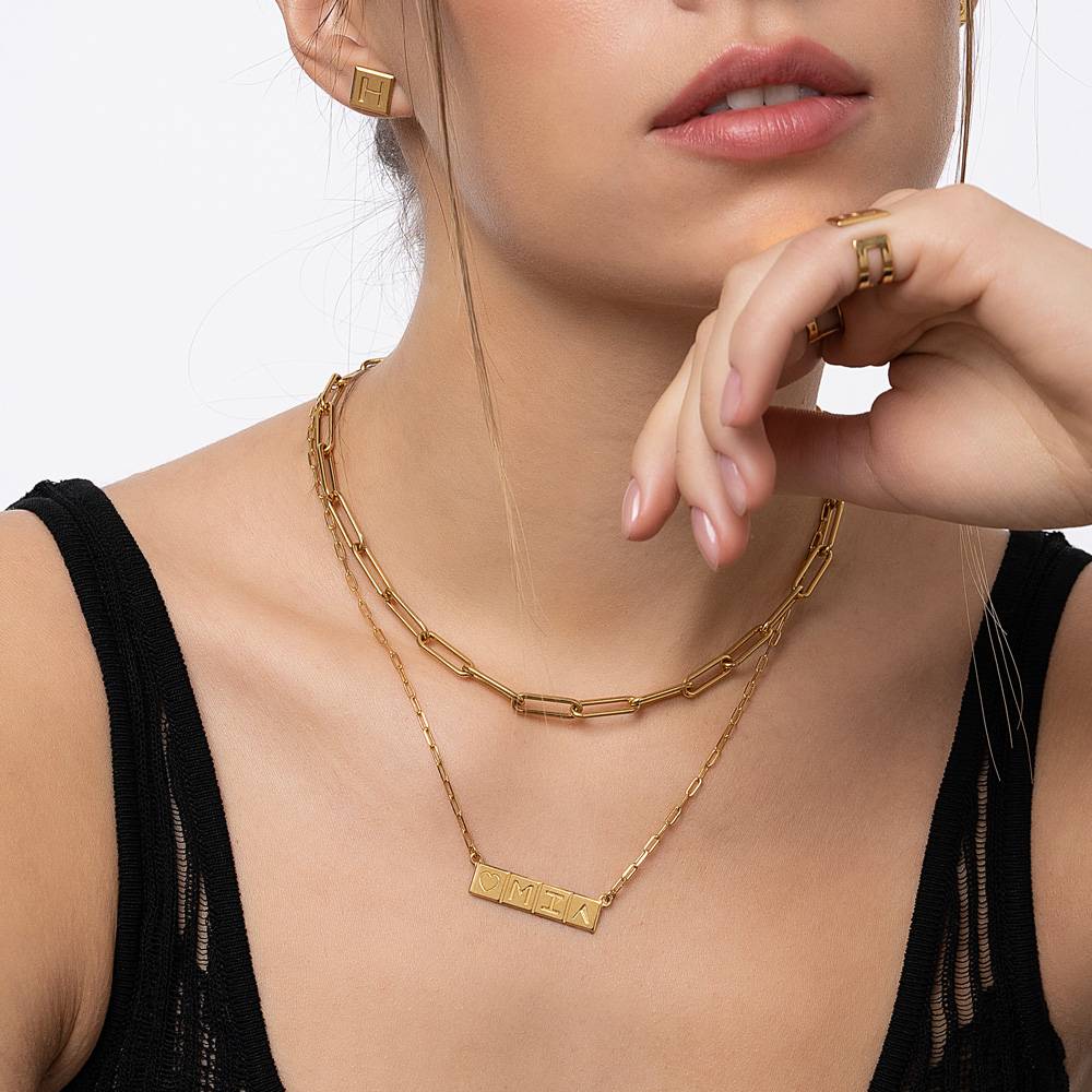 Initial Block Horizontal Tile Link Chain Necklace Engraved 