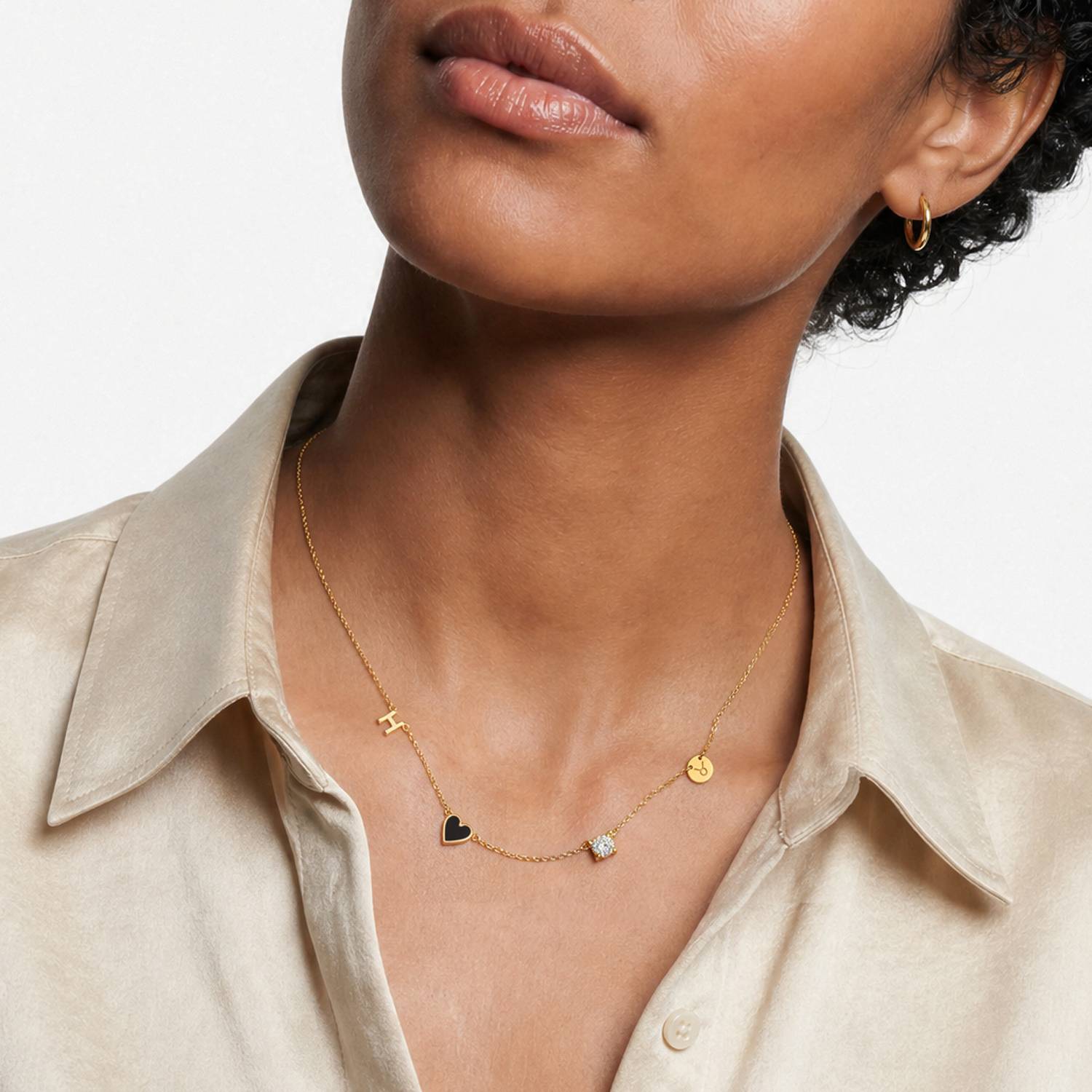 Inez Initial Black Heart Necklace With Premium Diamond - Gold Vermeil-3 product photo
