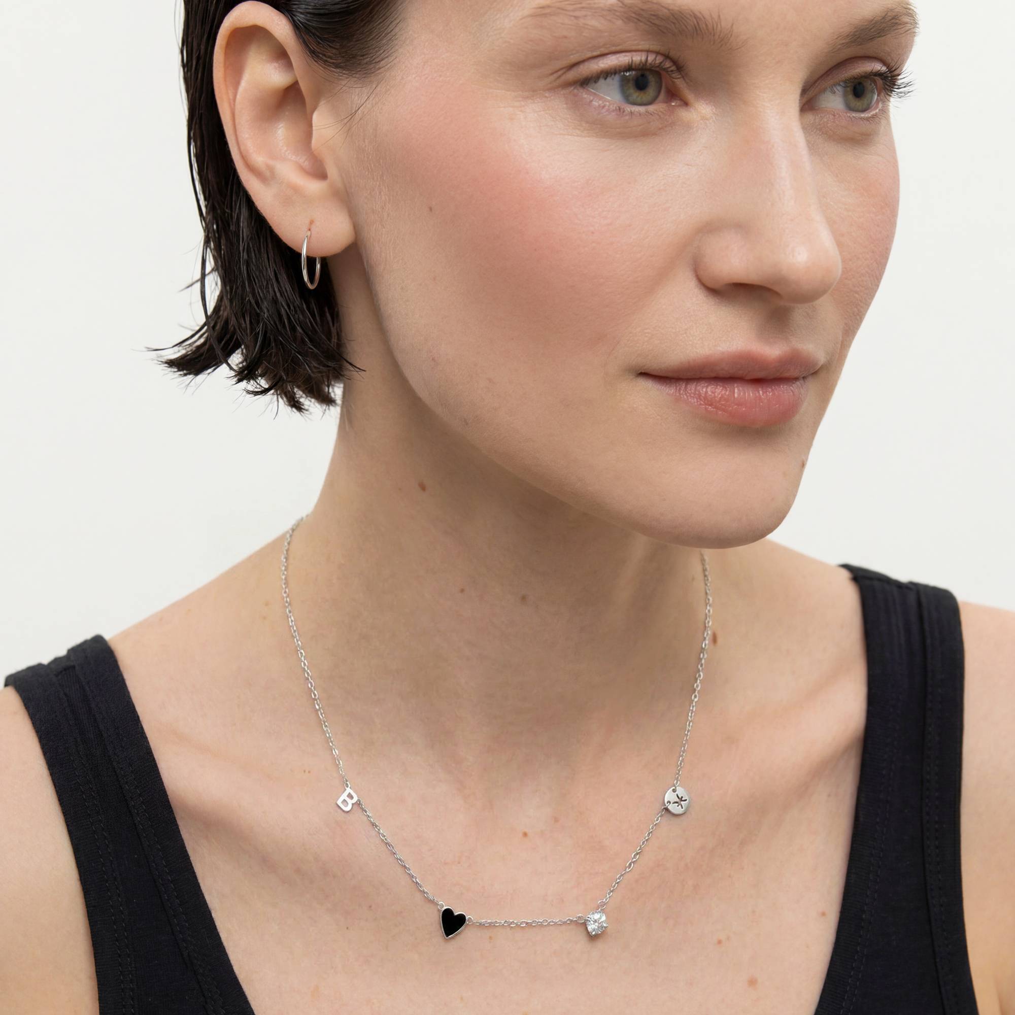 Inez Initial Black Heart Necklace With Premium Diamond - Silver