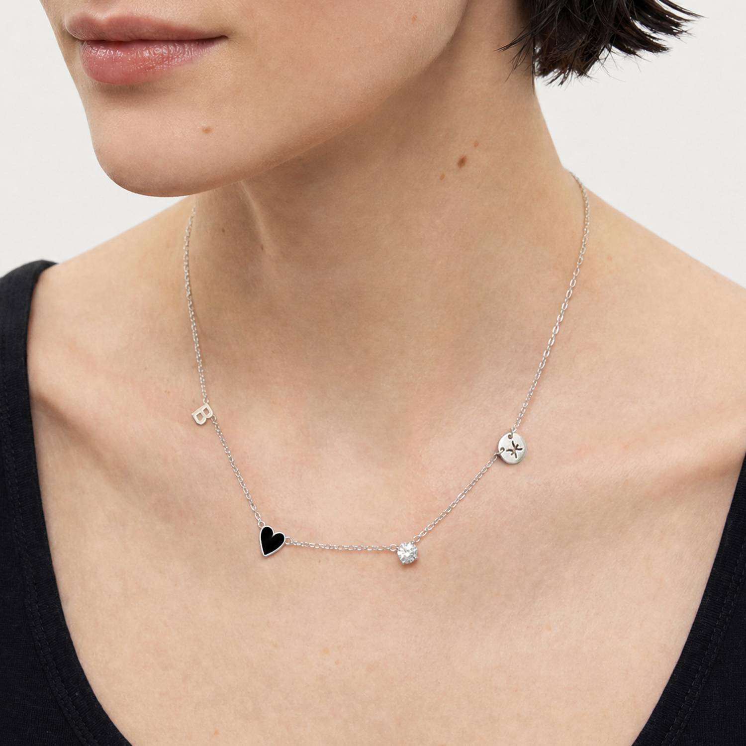 Inez Initial Black Heart Necklace With Premium Diamond - Silver