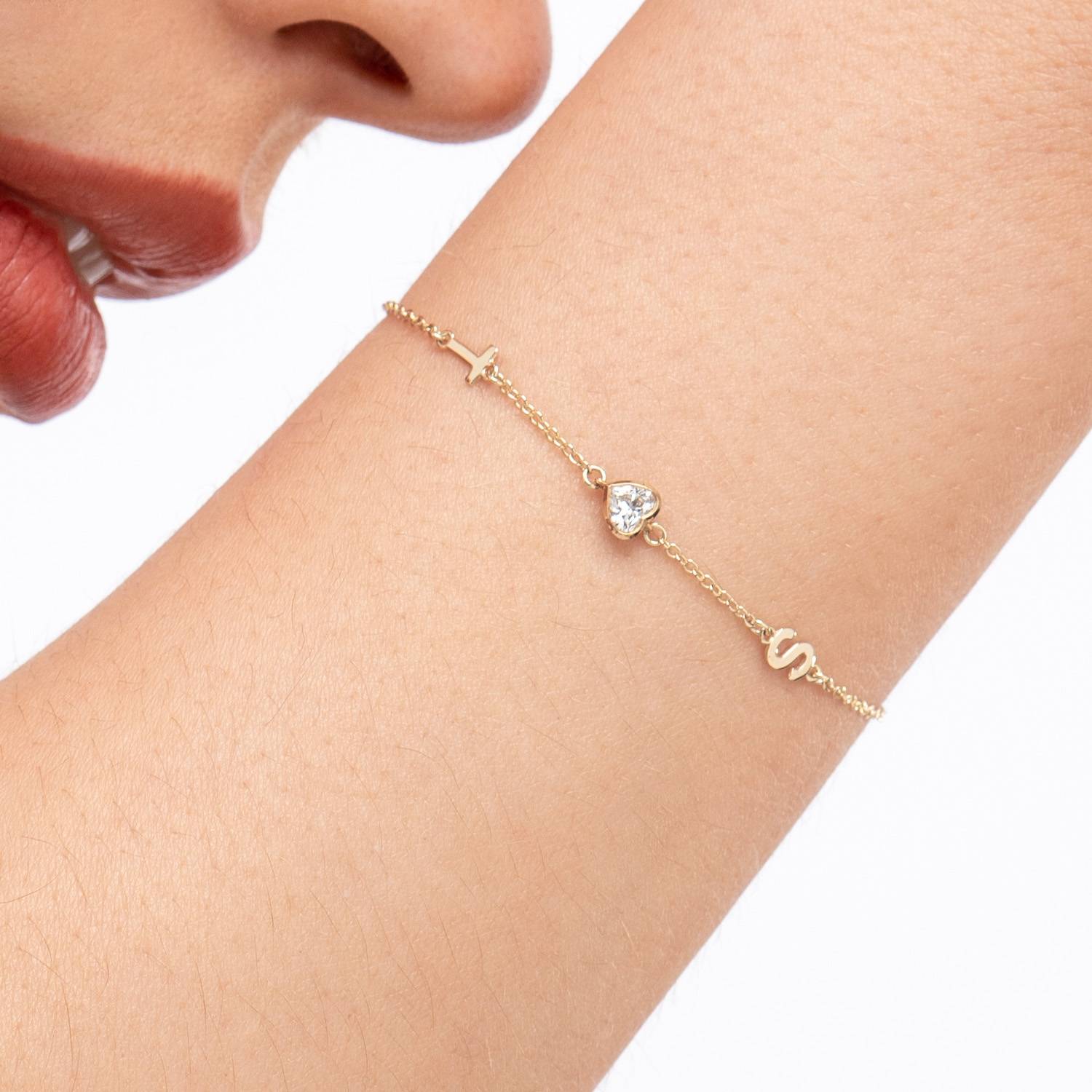 Inez Initial Bracelet/anklet With 0.2 Ct Heart Diamond Shape- 14k Solid Gold-3 product photo