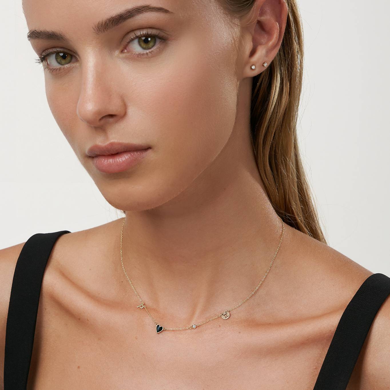 Inez Initial Black Heart Necklace With Premium Diamond - 10K Solid Gold-2 product photo
