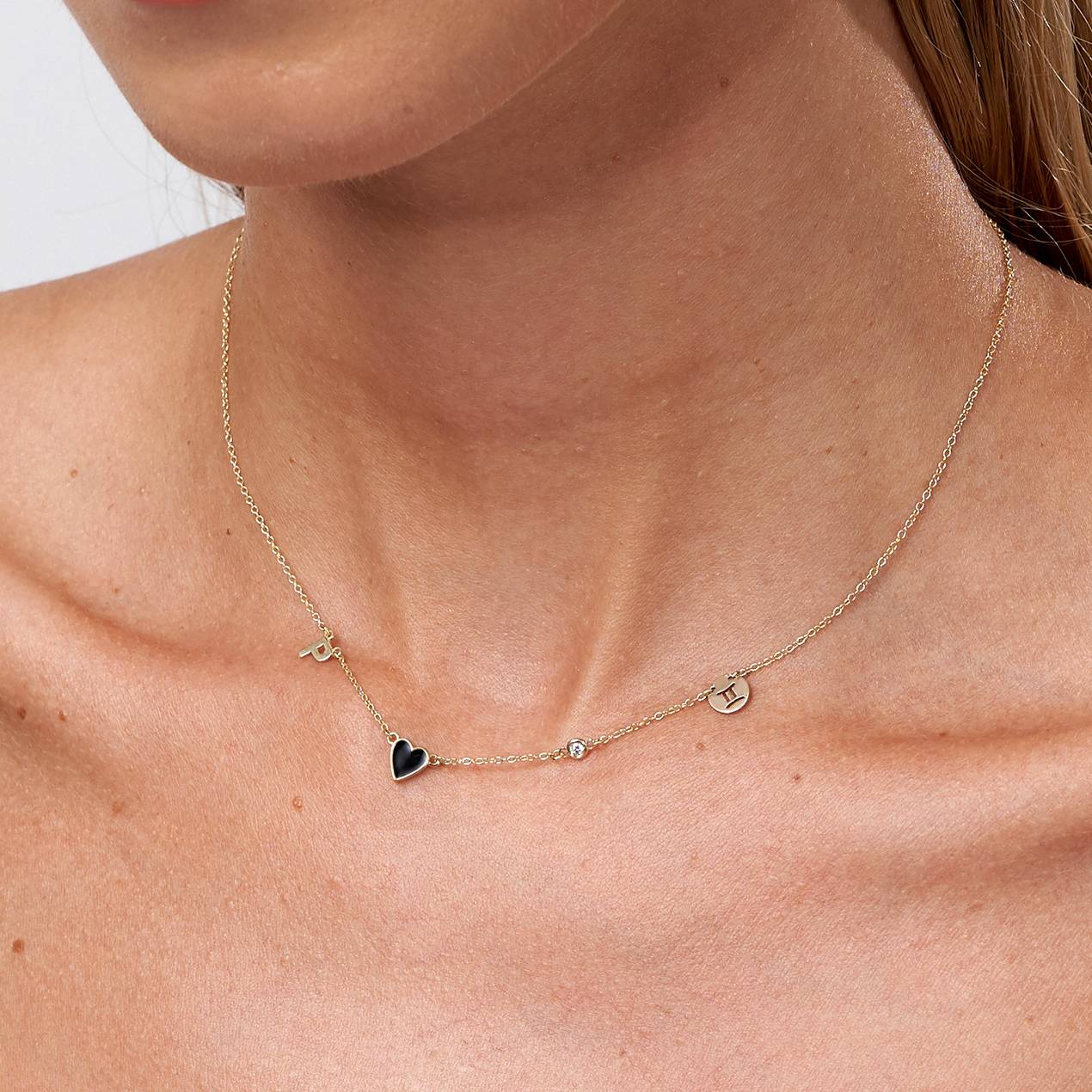 Inez Initial Black Heart Necklace With Premium Diamond - 10K Solid