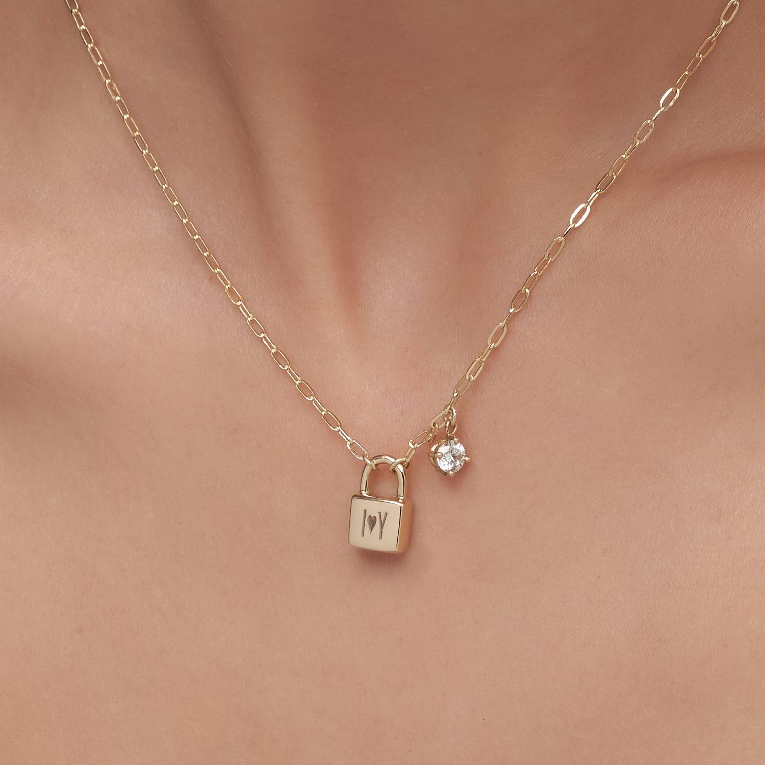 Initial Lock Necklace With 0.3ct Diamond -14k Solid Gold-2 product photo