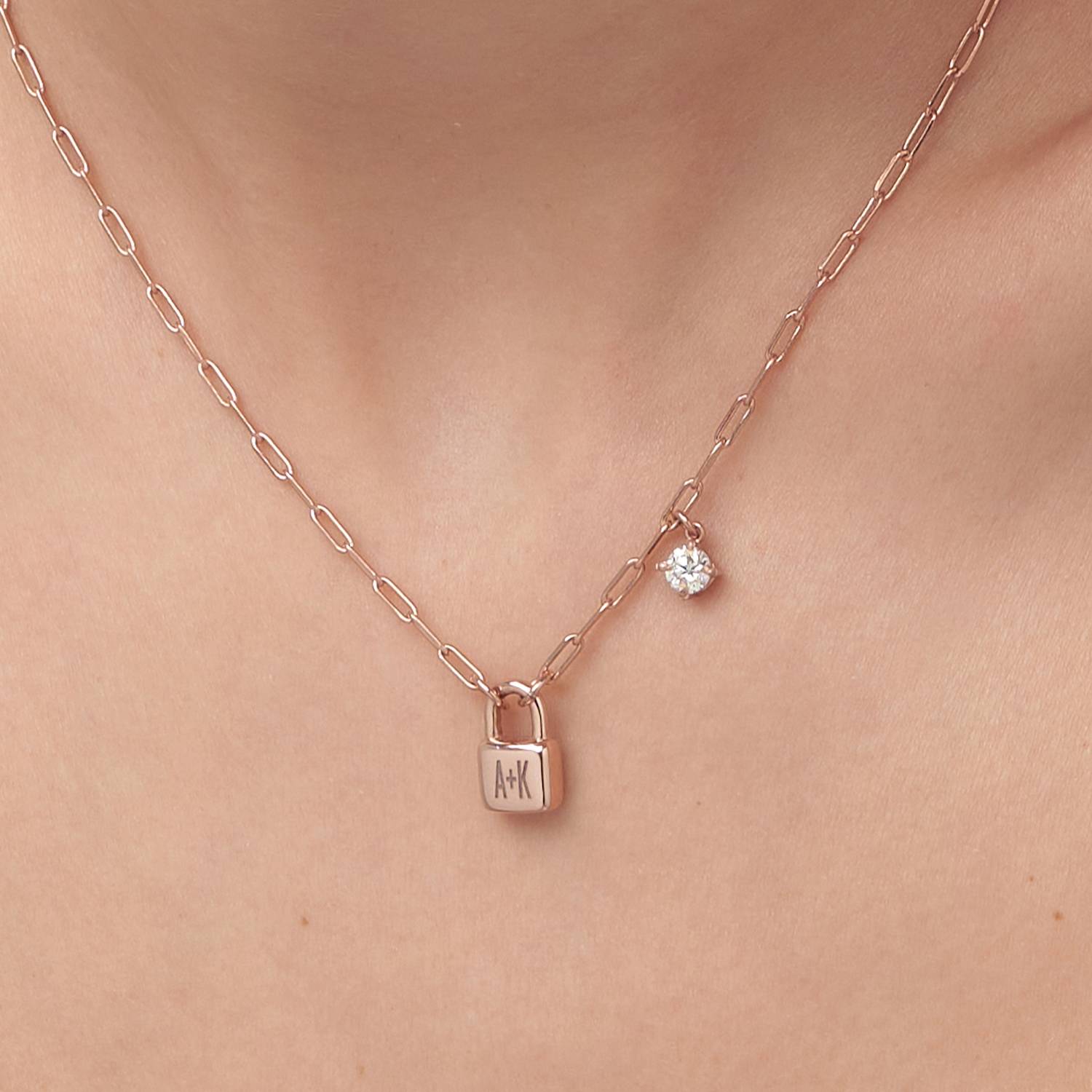 Initial Lock Necklace With 0.3ct Diamond - Rose Gold Vermeil-3 product photo