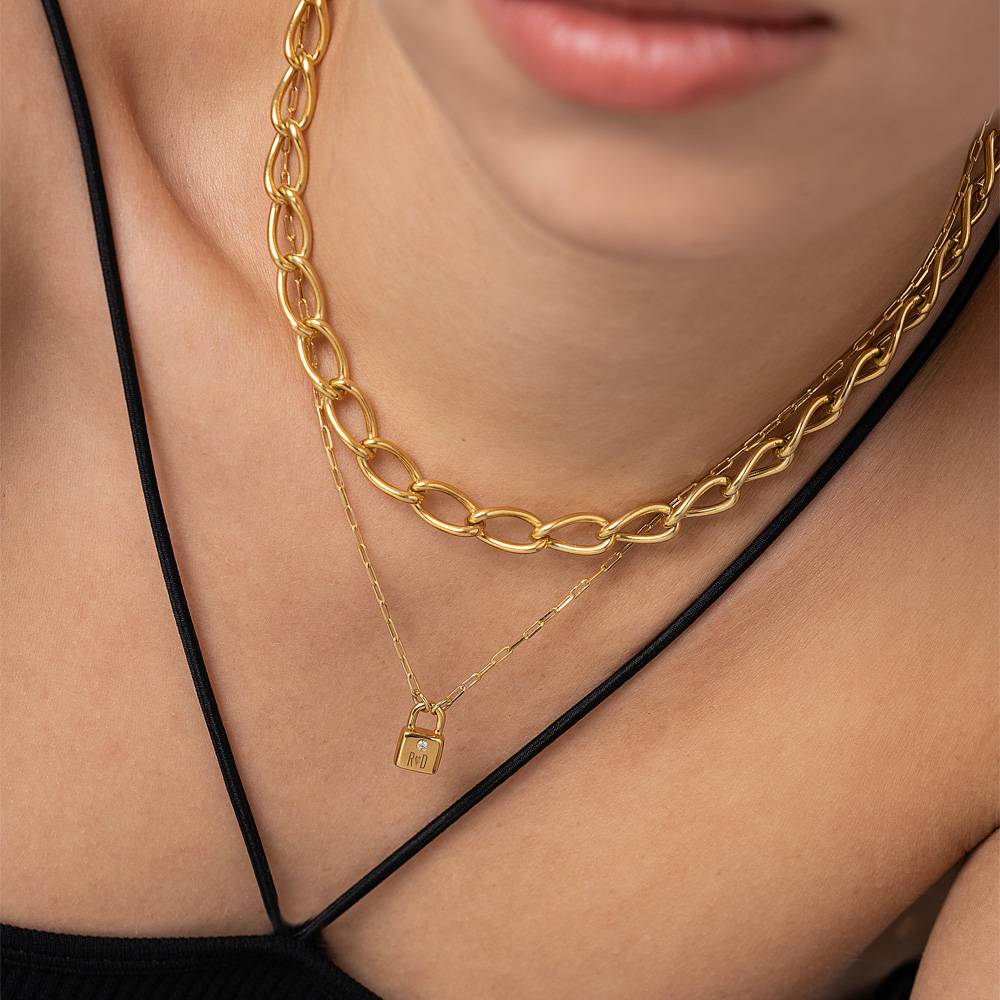 Initial Lock Necklace with Diamonds- 14k Solid Gold-4 product photo