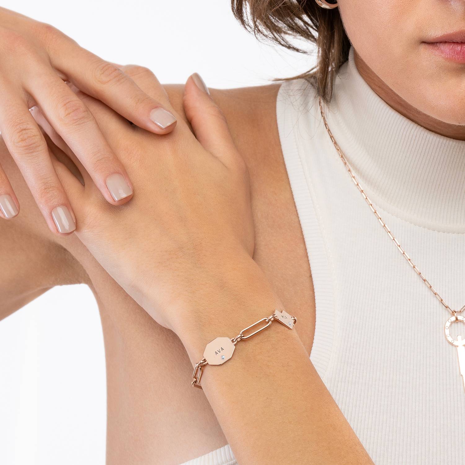 Ivy Mixed Shapes Engraved Bracelet with Diamonds- Rose Gold Vermeil-1 product photo