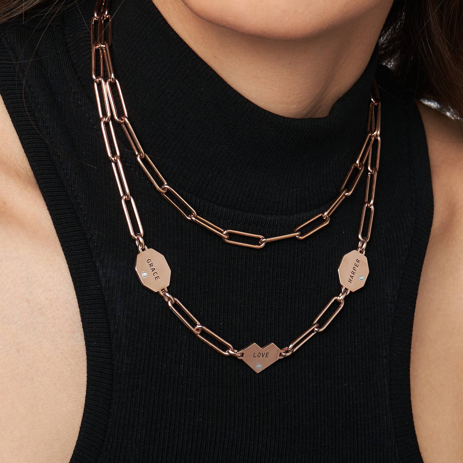 Ivy Mixed Shapes Engraved Necklace with Diamonds- Rose Gold Vermeil-3 product photo