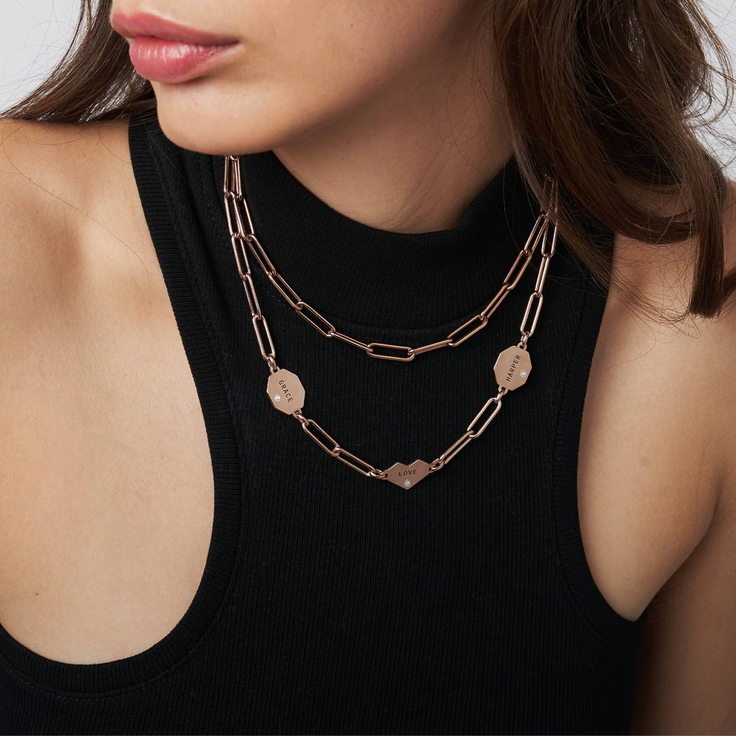 Ivy Mixed Shapes Engraved Necklace with Diamonds- Rose Gold Vermeil-4 product photo