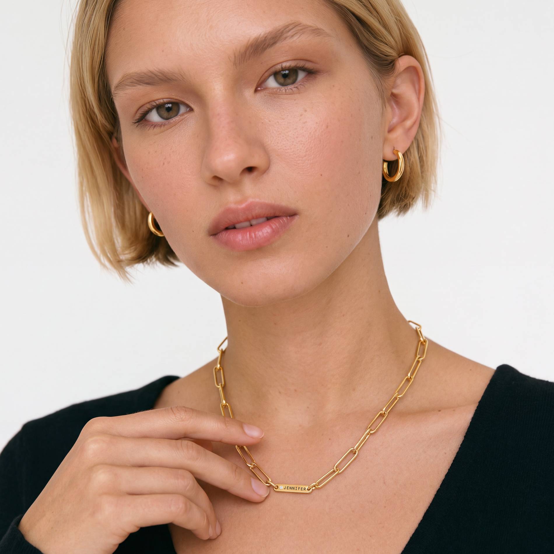 Ivy Name Paperclip Chain Necklace with sparkling stones - Gold Plated-5 product photo