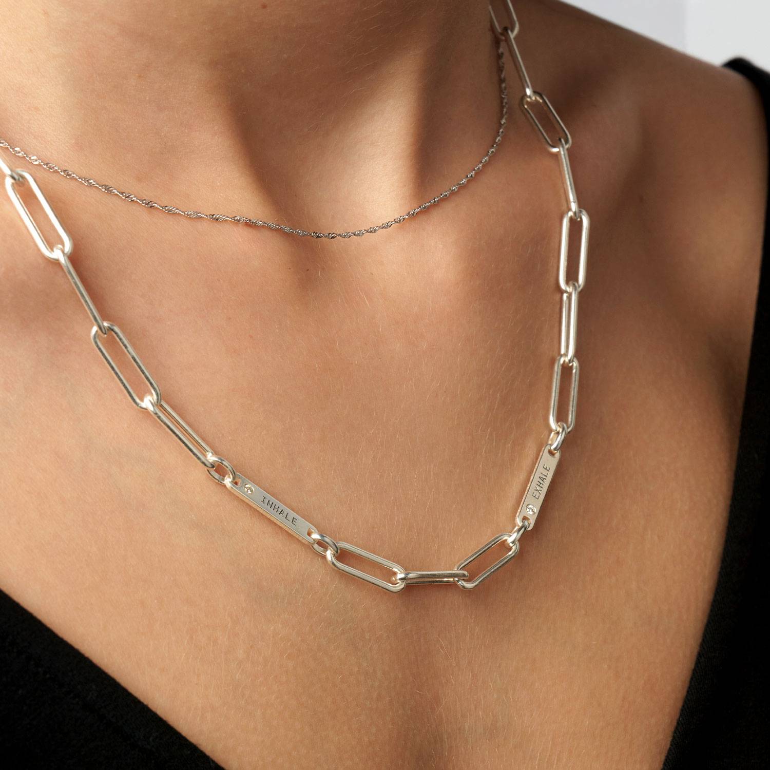 Ivy Name Paperclip Chain Necklace with sparkling stones - Silver Plated-4 product photo