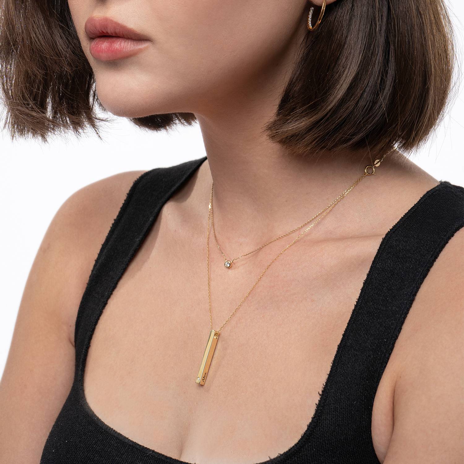 Last minute Christmas Pack "Pillar Bar Necklace with Diamond" Solid Gold-2 product photo
