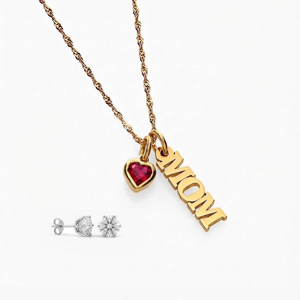 Last minute Mother's Day Pack "Singapore Name Necklace With Heart Shaped Gemstone - 10K Solid Gold"-1 product photo