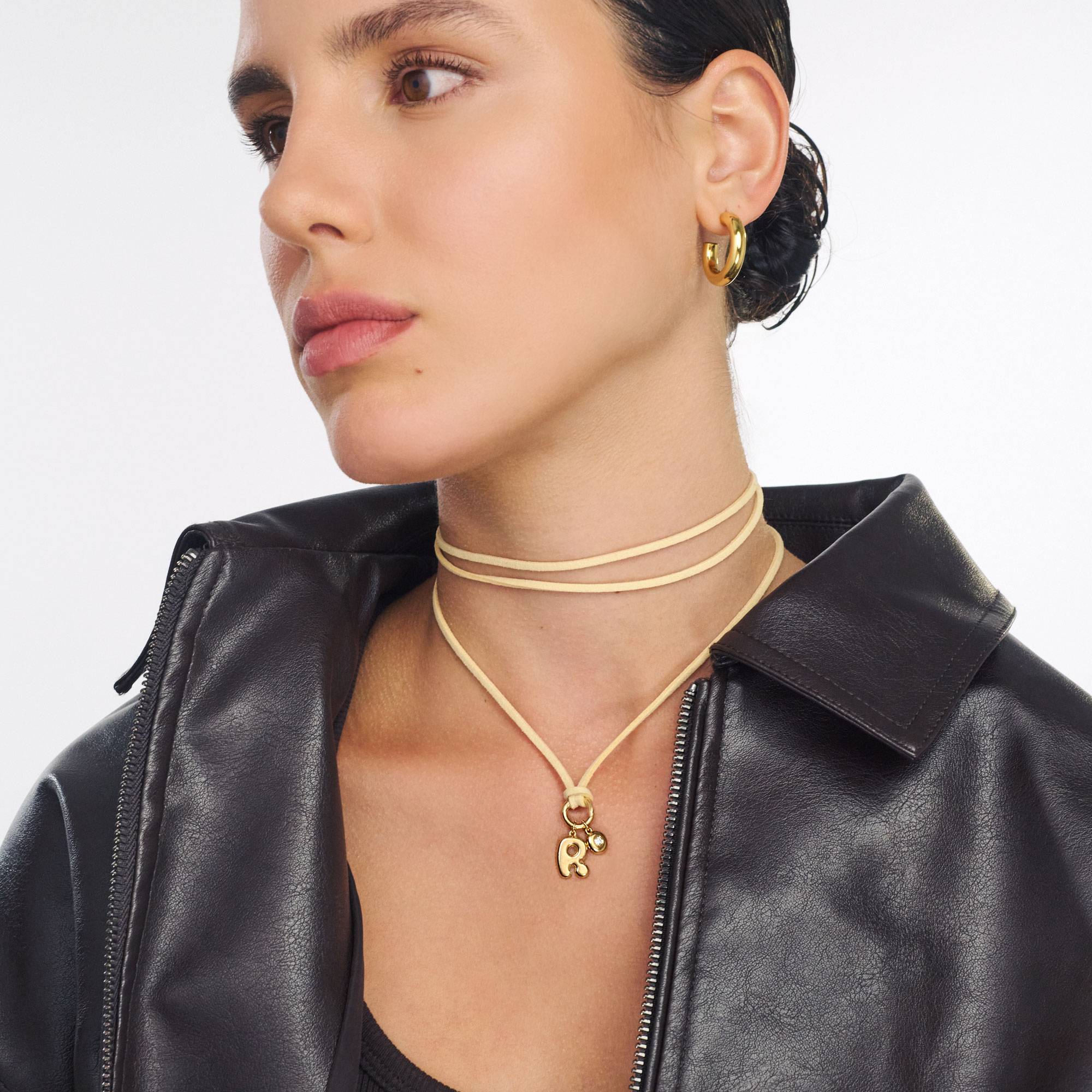 Latte Beige Bubble Initial Necklace with Diamond - Gold Vermeil-1 product photo