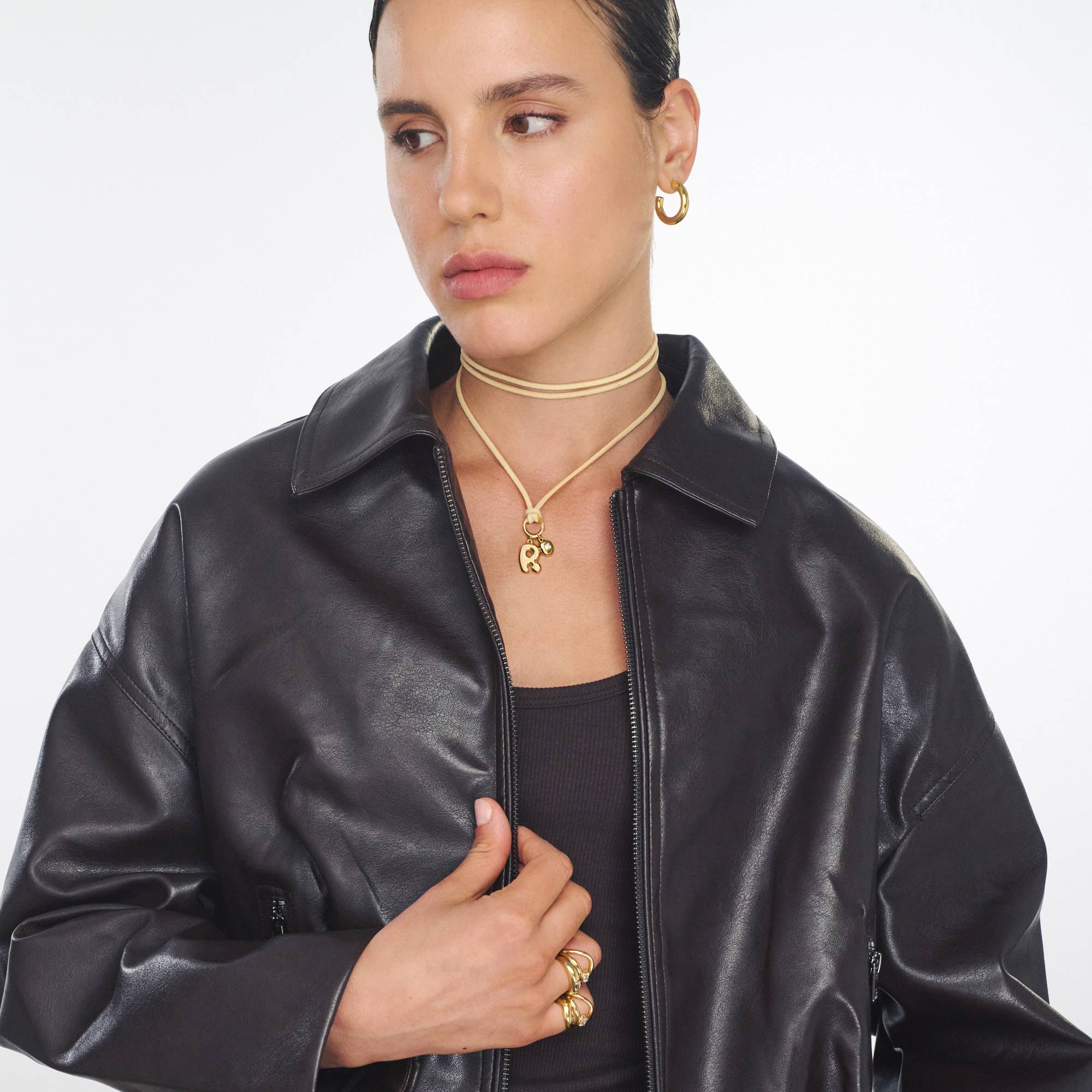 Latte Beige Bubble Initial Necklace with Diamond - Gold Vermeil-3 product photo