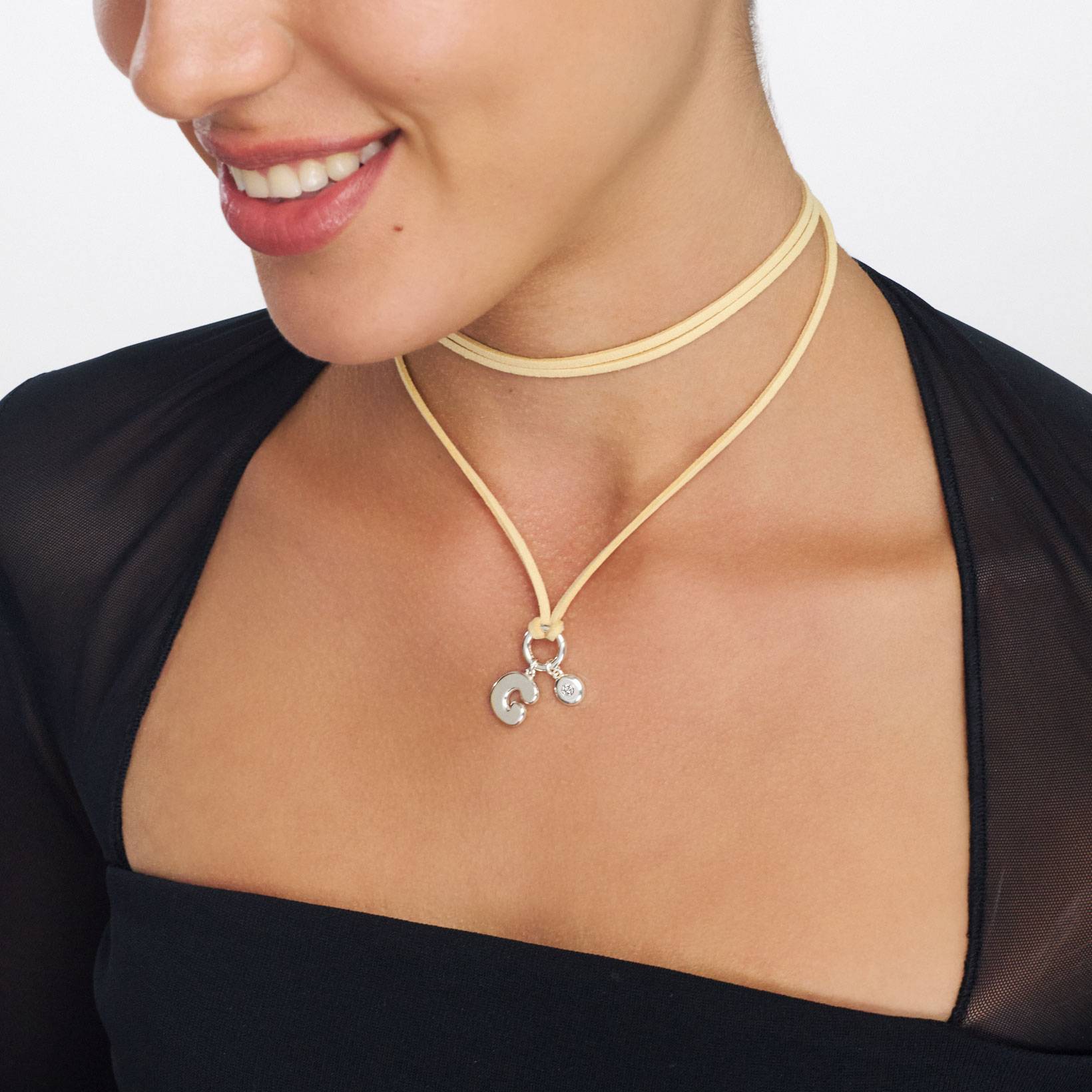 Latte Beige Bubble Initial Necklace with Diamond - Silver-1 product photo
